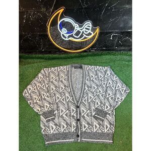 Vintage Peter England Mens XL White/Gray 3-Button Cardigan Sweater Diamon Design